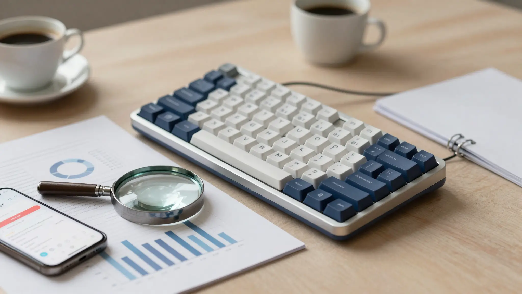 مكتب عمل يجمع لوحة مفاتيح وعدسة مكبّرة فوق رسوم بيانية ترمز إلى البحث عن الكلمات المفتاحية وتحليلها